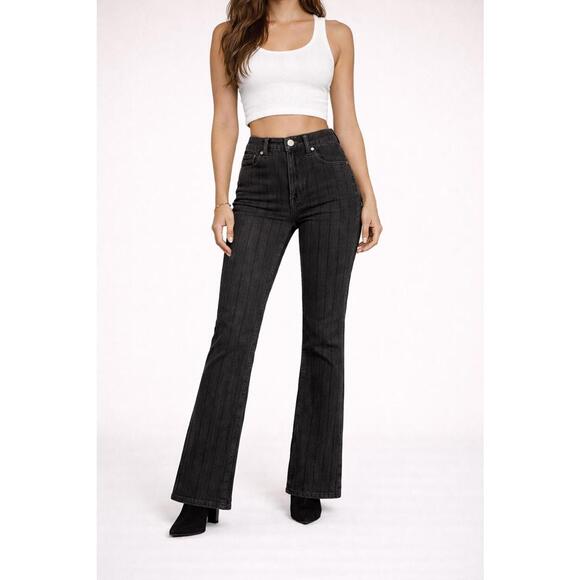 NWT RE/DONE Black Pinstripe Flare Jeans Womens Size 23 High Rise 33” Inseam $295